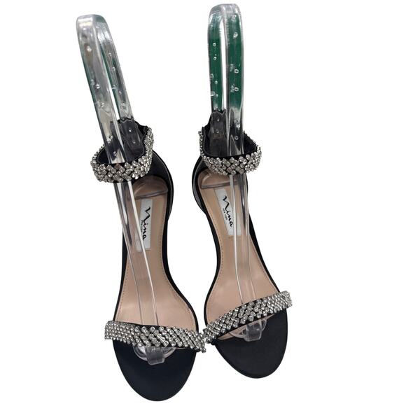 NINA BLACK LUSTER SATIN VAUNA ANKLE-STRAP 3.5” HEEL EVENING SANDAL SIZE 7W - Picture 3 of 12